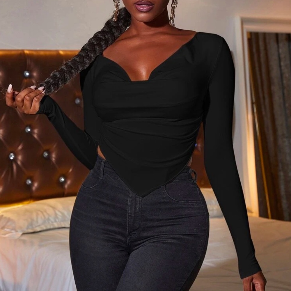 Drape Neck Ruched Side Hem Top